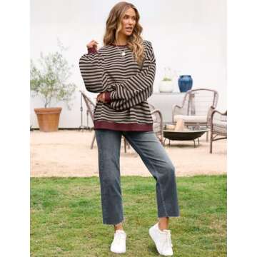 UEU Womens Oversized Crewneck Sweatshirt Striped Color Block Shirt Long Sleeve Pullover Sweaters Black Coffee Large