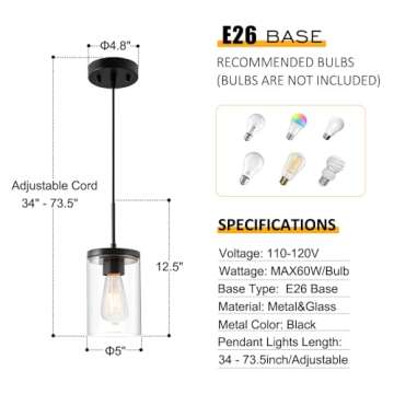 OUVR Adjustable Black Pendant Lights for Home Decor