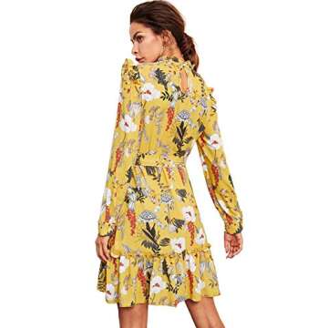 Floerns Women's Long Sleeve Ruffle Trim Self Tie Floral Print Short Dress