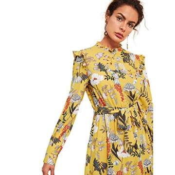 Floerns Women's Long Sleeve Ruffle Trim Self Tie Floral Print Short Dress