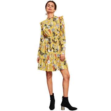 Floerns Women's Long Sleeve Ruffle Trim Self Tie Floral Print Short Dress