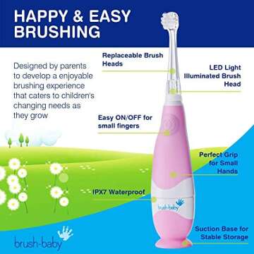 brush-baby BabySonic Infant and Toddler Electric Toothbrush for Ages 0-3 Years - Smart LED Timer and Gentle Vibration Provide a Fun Brushing Experience - Includes 2 Sensitive Brush Heads (Pink)