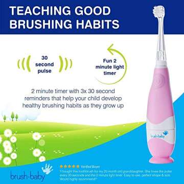 brush-baby BabySonic Infant and Toddler Electric Toothbrush for Ages 0-3 Years - Smart LED Timer and Gentle Vibration Provide a Fun Brushing Experience - Includes 2 Sensitive Brush Heads (Pink)