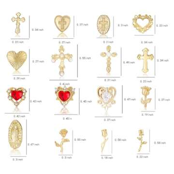 128Pcs Gold Nail Charms Set with Gold Nail Gems, Gold Rose, Hearts, Gold Cross Nail Charms and Virgi...