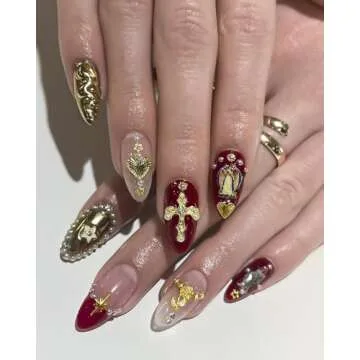 128Pcs Gold Nail Charms Set with Gold Nail Gems, Gold Rose, Hearts, Gold Cross Nail Charms and Virgin Mary Nail Charms - Y2K 3D Chrome Nail Charma Decorations