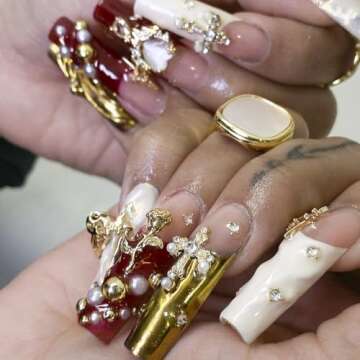 128Pcs Gold Nail Charms Set with Gold Nail Gems, Gold Rose, Hearts, Gold Cross Nail Charms and Virgin Mary Nail Charms - Y2K 3D Chrome Nail Charma Decorations