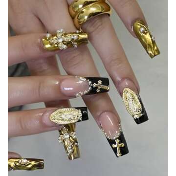 128Pcs Gold Nail Charms Set with Gold Nail Gems, Gold Rose, Hearts, Gold Cross Nail Charms and Virgin Mary Nail Charms - Y2K 3D Chrome Nail Charma Decorations