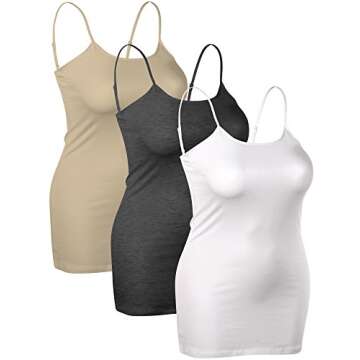 Emmalise Women's Basic Casual Long Camisole Adjustable Strap Cami Top, 3Pk in Khaki, HTH Charcoal an...