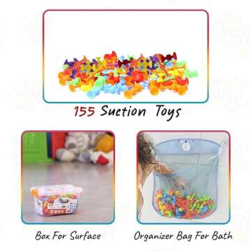 ODELA Genius Suckers 155Pcs Suction Toy Kids Sensory Toys – Baby Toy Suckers Building Toys – STEM Development Sucker Toys for Kids – Colorful Suction Toy for 3 Year Olds – Interactive Bath Toy Set