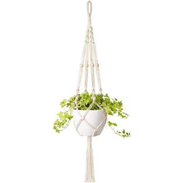 Mkono Macrame Plant Hangers Indoor Outdoor Hanging Planter Basket Cotton Rope with Beads 4 Legs 41 Inch, 1 Pack