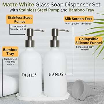 RM Home White Glass Hand and Dish Soap Dispenser Set - Modern Farmhouse Sink Accessories - Liquid So...