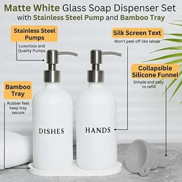 RM Home White Glass Hand and Dish Soap Dispenser Set - Modern Farmhouse Sink Accessories - Liquid So...
