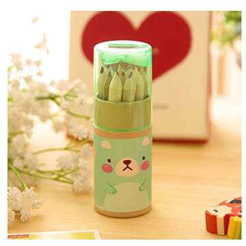 Pomeat 3 Pack Cute Cartoon Bear Mini Drawing Colored Pencils with Sharpener, 3.5" Length, Portable, 12 Count in Tube
