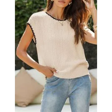 EVALESS Plus Size Summer Spring Short Sleeve Sweaters Cute Dressy Casual Tops for Women 2025 Trendy Crewneck Cap Sleeve Pullover Sweater Vest Lightweight Cotton Knit Tops Beige X-Large