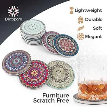 Decopom Mandala Coasters - Stylish 12 Pack Set with Holders