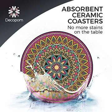 Decopom Mandala Coasters - Stylish 12 Pack Set with Holders
