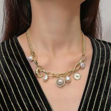 Sun Moon Necklace for Women Layered Charm Gift - Gold Paperclip Chain