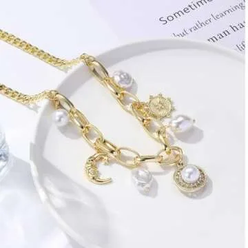 Sun Moon Layered Charm Necklace for Women Gifts