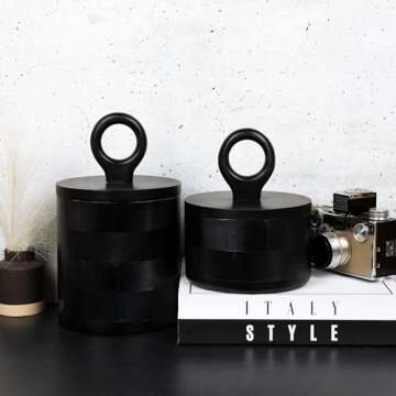 HILARI COLLECTIVE - Premium Designer Black Wood Canister with Lids - Set of 2 - Decorative Jars for Kitchen Decor, Dining Room and Pantry
