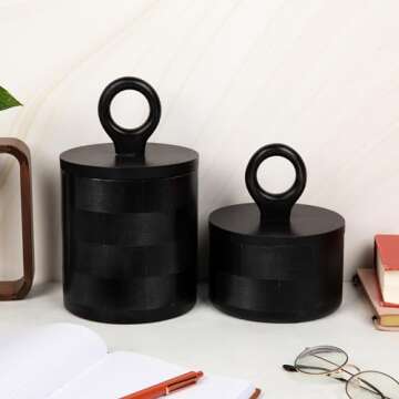 HILARI COLLECTIVE - Premium Designer Black Wood Canister with Lids - Set of 2 - Decorative Jars for Kitchen Decor, Dining Room and Pantry