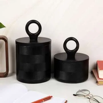 HILARI COLLECTIVE - Premium Designer Black Wood Canister with Lids - Set of 2 - Decorative Jars for Kitchen Decor, Dining Room and Pantry