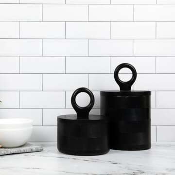 HILARI COLLECTIVE - Premium Designer Black Wood Canister with Lids - Set of 2 - Decorative Jars for Kitchen Decor, Dining Room and Pantry