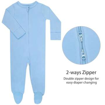 GUISBY Footed Long Sleeve Baby Pajamas with Zipper Cotton Infant Sleepers Light Blue+White 0-3 Months