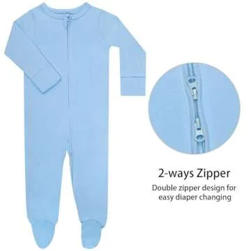 GUISBY Footed Long Sleeve Baby Pajamas with Zipper Cotton Infant Sleepers Light Blue+White 0-3 Months