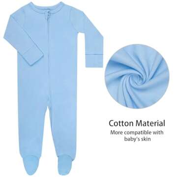 GUISBY Footed Long Sleeve Baby Pajamas with Zipper Cotton Infant Sleepers Light Blue+White 0-3 Months