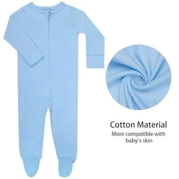 GUISBY Footed Long Sleeve Baby Pajamas with Zipper Cotton Infant Sleepers Light Blue+White 0-3 Months