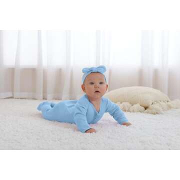 GUISBY Footed Long Sleeve Baby Pajamas with Zipper Cotton Infant Sleepers Light Blue+White 0-3 Months
