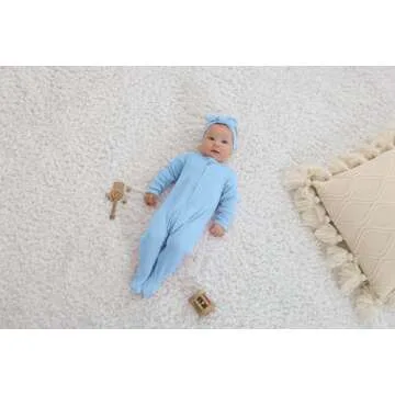 GUISBY Footed Long Sleeve Baby Pajamas with Zipper Cotton Infant Sleepers Light Blue+White 0-3 Months