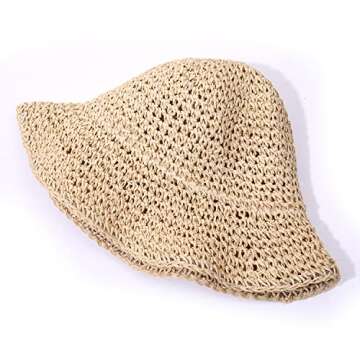 HZEYN Womens Straw Hat Wide Brim Crotchet Straw Bucket Sun Hat Packable Floppy Beach Hats for Women Summer Travel Accessories (Beige)