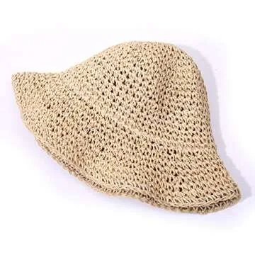 HZEYN Womens Straw Hat Wide Brim Crotchet Straw Bucket Sun Hat Packable Floppy Beach Hats for Women Summer Travel Accessories (Beige)