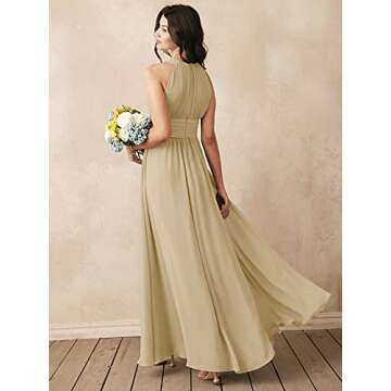 ALICEPUB Chiffon Champagne Bridesmaid Dresses Long Formal Party Dress for Women Special Occasion Halter, US6