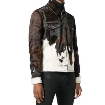 HAM LEATHERS Men's Real Cow Hair on Leather Jacket, Cow Skin Print Pony Skin Coat, Casual (US, Alpha, Large, Regular, Regular, Multi-Color)