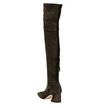 YDN Women Classic Pull on Long Boots Pointy Closed Toe Over Knee High Boots Thigh High Elastic Chunky Block Mid Heel Faux Suede Ladies Fall Winter Party Dress Shoes Size 7 Brown