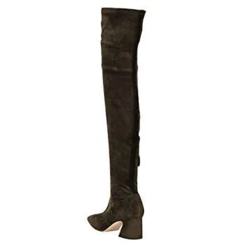 YDN Women Classic Pull on Long Boots Pointy Closed Toe Over Knee High Boots Thigh High Elastic Chunky Block Mid Heel Faux Suede Ladies Fall Winter Party Dress Shoes Size 7 Brown