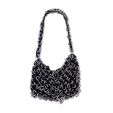 NOVICA Artisan Handmade Soda Poptop Shoulder Bag Black Crochet Recycled from Brazil Metallic White T...