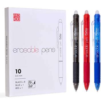ParKoo Retractable Erasable Gel Pens Clicker 0.5 mm, Extra Fine Point, 8 Black/1 Blue/1 Red Ink, 10-...