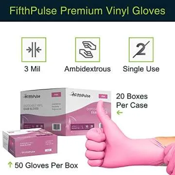 FifthPulse Pink Vinyl Disposable Gloves Large 50 Pack - Latex Free, Powder Free Medical Exam Gloves - Surgical, Home, Cleaning, and Food Gloves - 3 Mil Thickness