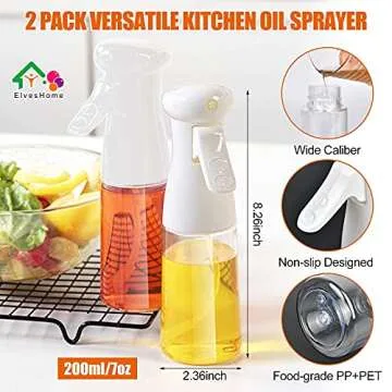 Oil Sprayer for Cooking, 2 Pack Olive Oil Dispenser Bottle Spray Mister, Food Grade Reusable Oil Vinegar Spritzer Sprayer Bottles for Kitchen Baking, Air Fryer, Salad, BBQ, Grilling, 200ML Oils Bottle