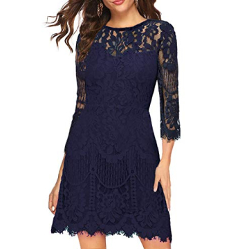 MSLG Cocktail Party Dresses for Women Elegant A-Line V-Back Lace Dress 910 Navy Half Sleeve