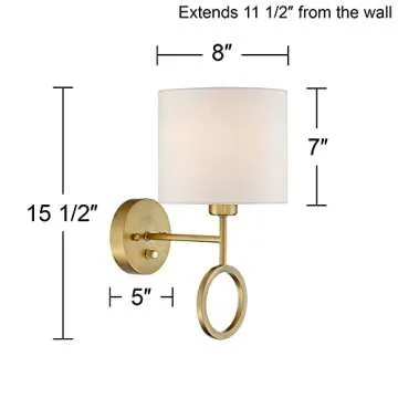 360 Lighting Amidon Modern Indoor Wall Mount Lamp Warm Brass Metal Ring Plug in Light Fixture Dimmable White Drum Shade for Bedroom Bedside House Reading Living Room Home Hallway Dining