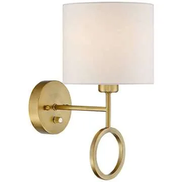 360 Lighting Amidon Modern Indoor Wall Mount Lamp Warm Brass Metal Ring Plug in Light Fixture Dimmable White Drum Shade for Bedroom Bedside House Reading Living Room Home Hallway Dining