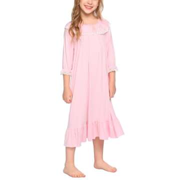 Ekouaer Girls Long Sleeve Sleepwear Cotton Nightie Soft Pink Pajamas Dress Comfortable Princess Nigh...