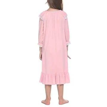 Ekouaer Girls Long Sleeve Sleepwear Cotton Nightie Soft Pink Pajamas Dress Comfortable Princess Nightgown(Pink,12-13T)