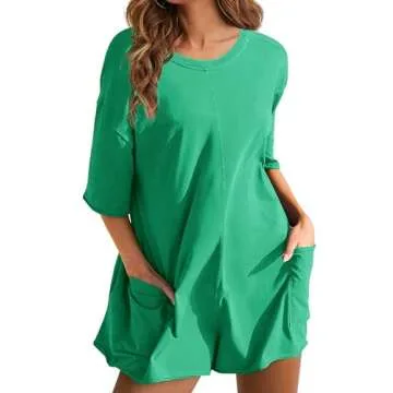 Yeokou Rompers for Women Casual Short Sleeve Oversized Athletic Workout Reversible Hot Shot Tee Romper Deep Pockets(Green-S)