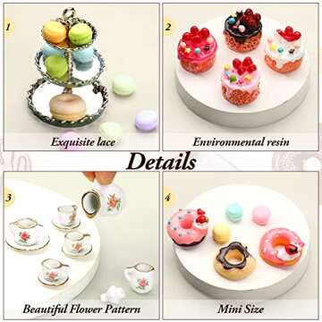 40 Pcs 1:12 Scale Dollhouse Miniature Kitchen Accessories Set Includes 15 Flower Pattern Porcelain Tea Cup 24 Mixed Pretend Cake Foods 1 Mini Three-Tier Cake Stand for Decor Supply (Sweet Style)