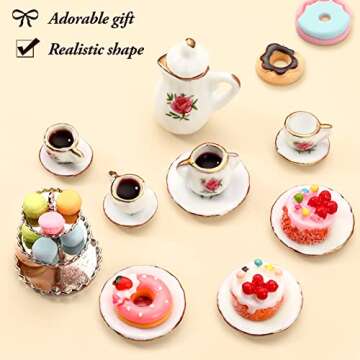 40 Pcs 1:12 Scale Dollhouse Miniature Kitchen Accessories Set Includes 15 Flower Pattern Porcelain Tea Cup 24 Mixed Pretend Cake Foods 1 Mini Three-Tier Cake Stand for Decor Supply (Sweet Style)
